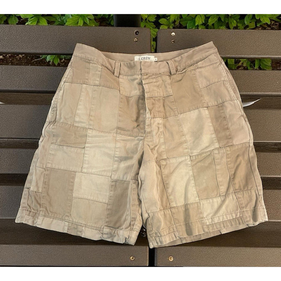 J Crew Tan Khaki Patchwork Madras Shorts Mens Size 34 Button Fly Preppy Chinos - Picture 1 of 11